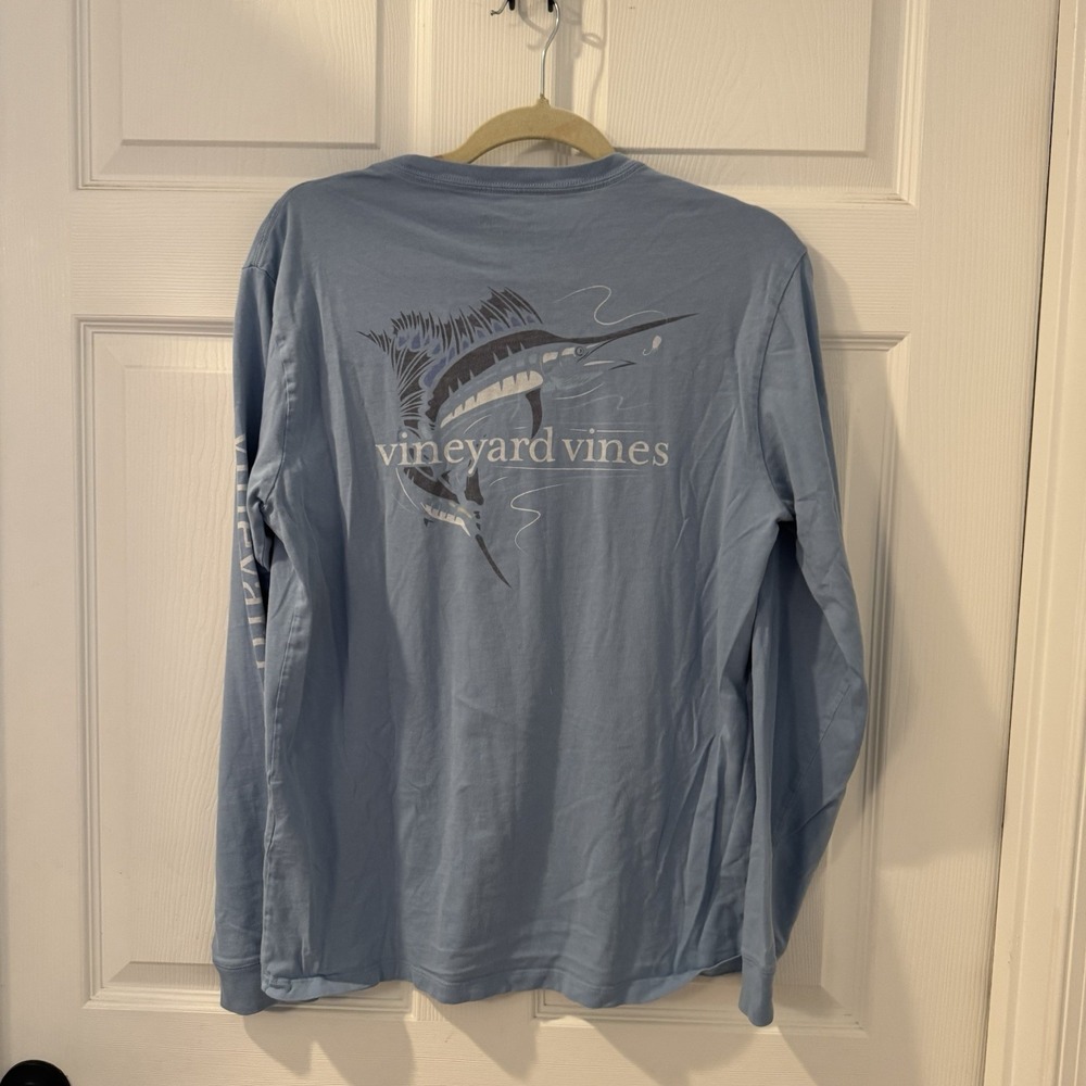 Vineyard Vines Men's Long Sleeve Shirt Marlin Sword Fish Fishing Light Blue Sz S